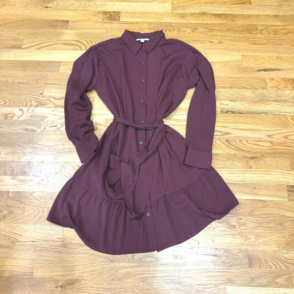 Nine West Burgundy Long Sleeve Button Front Shirt Dress with Tie Belt Size M